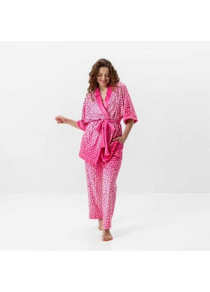 Комбинированная всесезон комплект женский из плюшевого велюра штаны и халат розовый леопард 3420_l 15965 l FlexDress