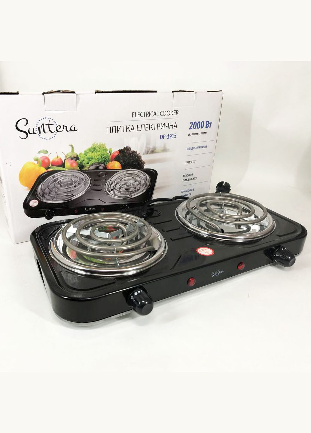 Плита електрична DP-1915 2 кВт, електроплита 2 конфорки, двокомфорочна плита. Колір: чорний Suntera (364665068)