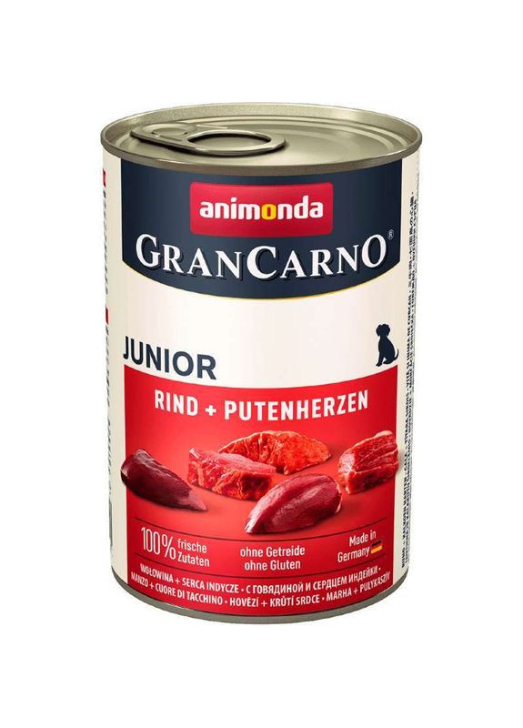 Вологий корм для цуценят GranCarno Junior Beef+Turkey hearts 400г, з яловичиною та індичкою Animonda (292258167)
