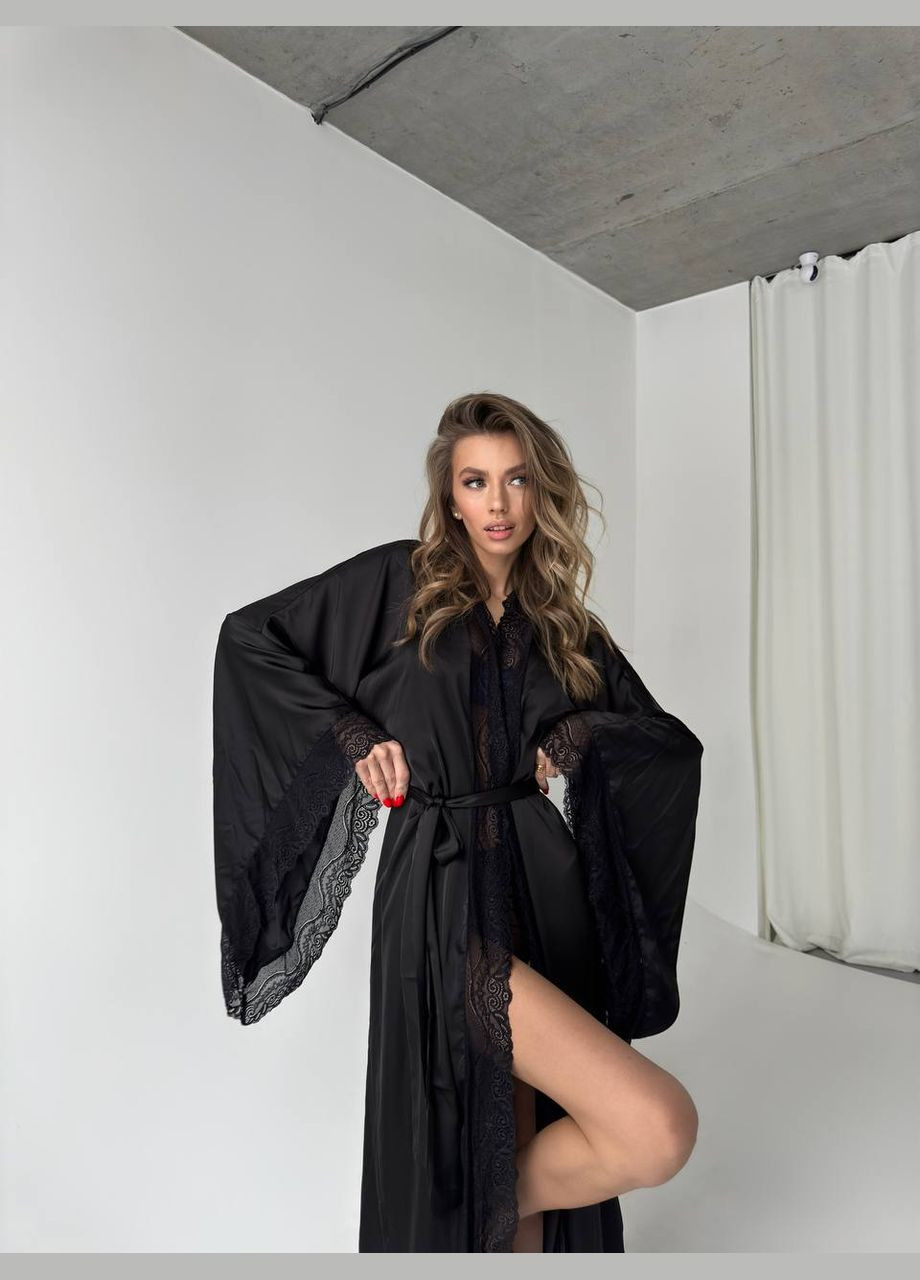 Жіночий довгий вишуканий чорний халат кімоно на запах із мереживом штучний шовк No Brand (315896777)