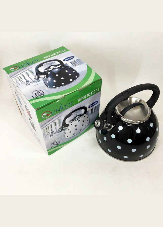 Чайник із свистком для газової плити UN-5301 2,5л горошок, гарний чайник. Колір: чорний Unique (364664042)