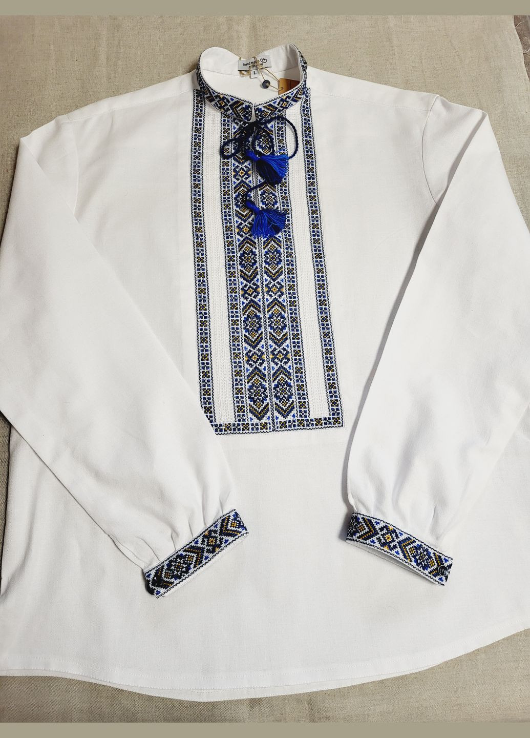 Комбинированная мужская вышиванка ручной работы на домотканом полотне (вышитые вставки) "модерна" Hand Made свободная, прямой хлопок, домотканное полотно (332998527)