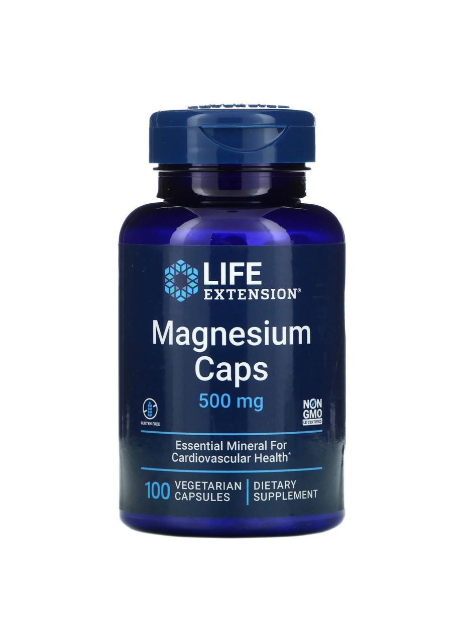 Магній 500 мг Magnesium Caps для здоров'я серцевосудинної системи 100 вегетаріанських капсул Life Extension (264382605)