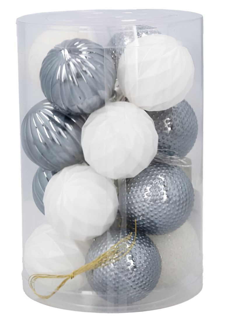Ялинкові пластикові кульки Chomik 16 шт сріблясті та білі для новорічного декору прикраси для ялинки ProDobro (367267002)