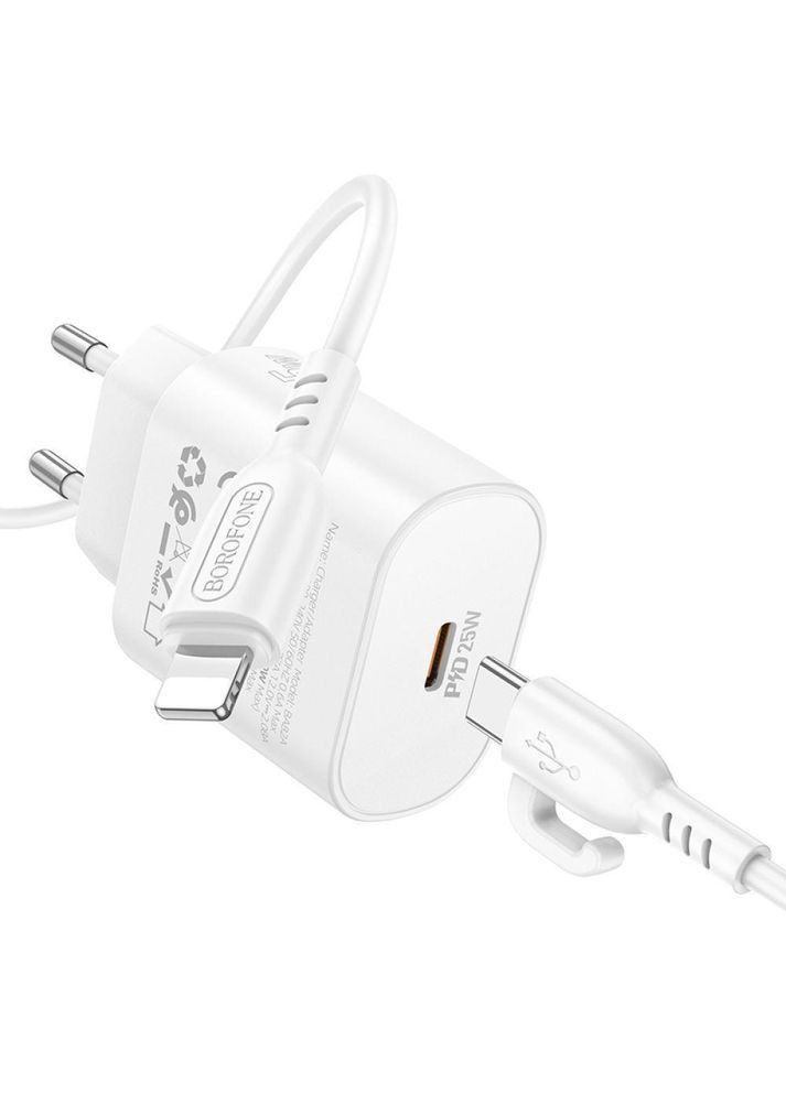 Мережевий зарядний пристрій BA82A 1USB-C PD/QC 25W+Type-C to Lightning Білий Borofone (388894764)