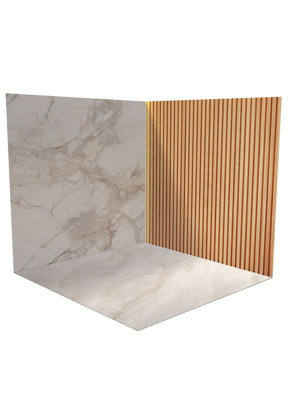 Кутовий вініловий фотофон 3D, мармурова стіна з рейками, підлога бежевий мармур і світле дерево, 80×80 см, №58336 PhotoVinyl (354358548)