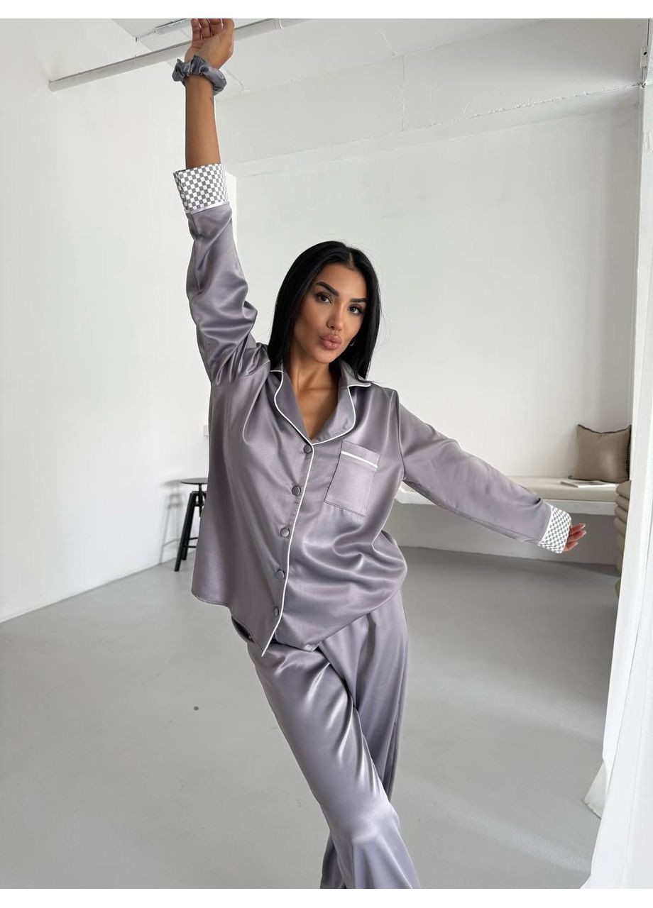 Сіра всесезон жіноча піжама сіра з окантовкою сорочка + брюки Vital-Textile 1292