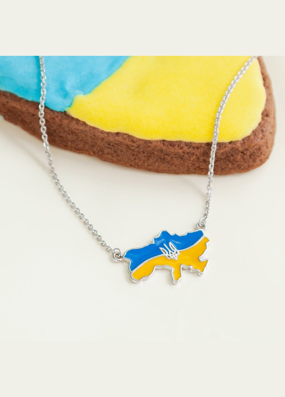 Колье серебряная карта Украины с голубовато-желтой эмалью и гербом посередине Каштан (342335002)
