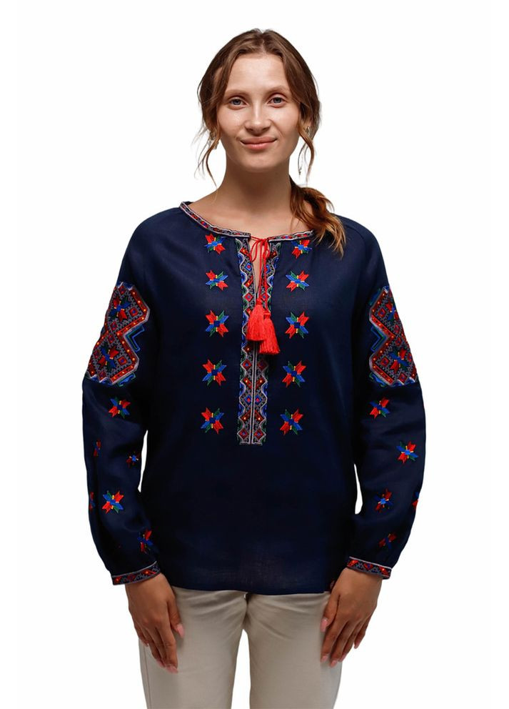 Тёмно-синяя женская вышиванка из льняного полотна с яркой красно-синей вышивкой (fm2146) Folk Moda (365729679)