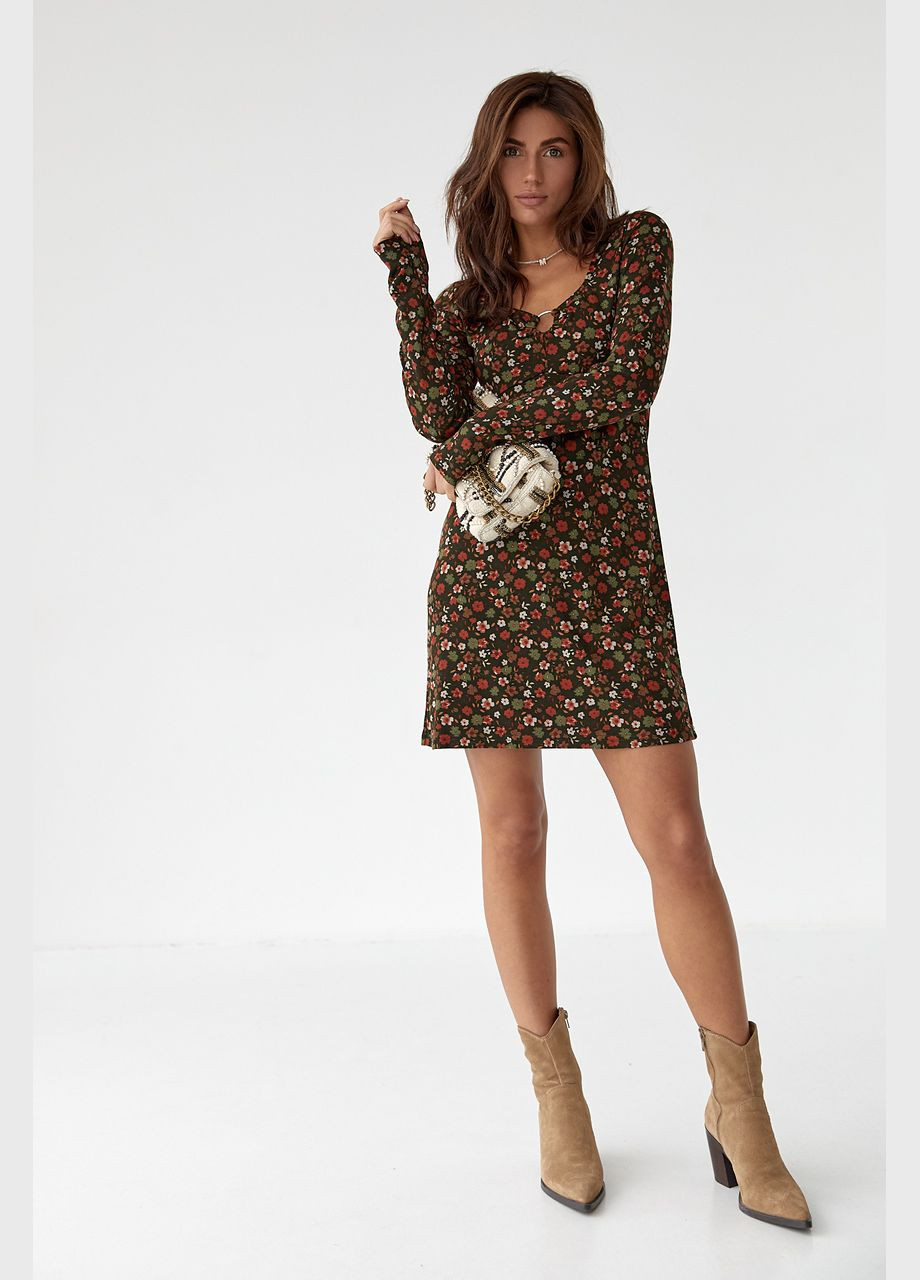 Оливковое (хаки) повседневный короткое платье с цветочным принтом 2230 Lurex с цветочным принтом