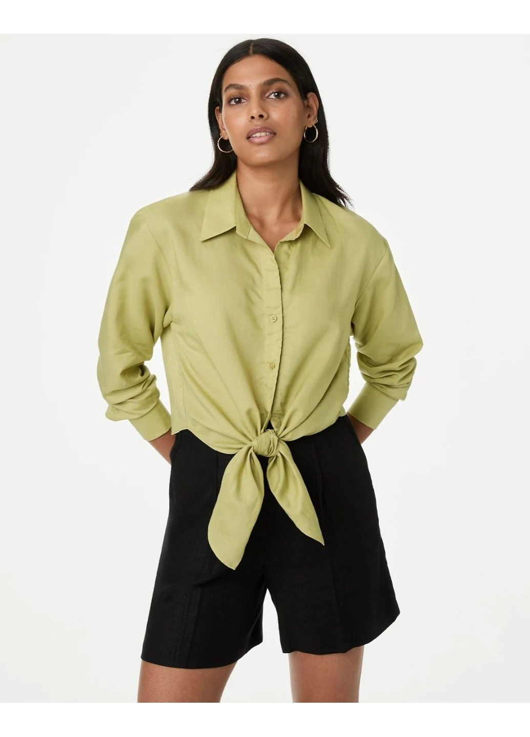Жіноча лляна сорочка з довгим рукавом (57112) M Зелена M&S (293819623)