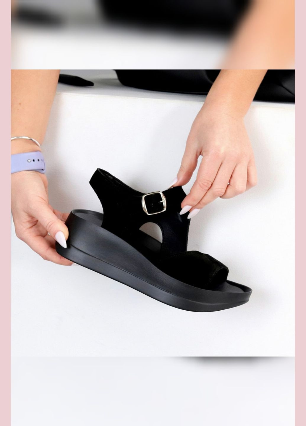 Жіночі босоніжки чорні замшеві танкетка натуральна замша Viki Босоніжки (329687922)