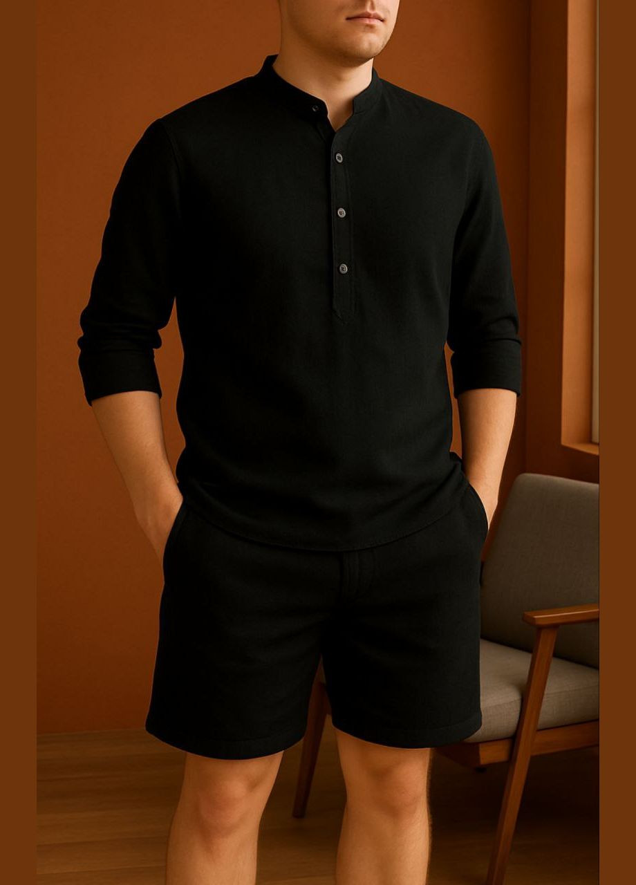 Черный летний комплект мужской льняной (шорты+рубашка) с шортами, с рубашкой No Brand комплект