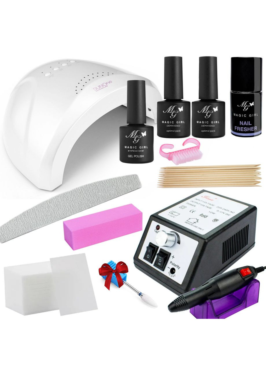 Стартовий набір для маникюру з гель лаком з лампою UV/LED Sun One 48 Вт та фрезер Lina Marsedes 20000об Magic Girl (303635245)