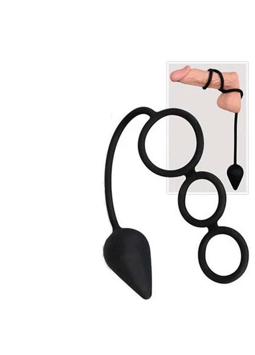 Черная анальная пробка с кольцами на пенис No Brand (371929929)