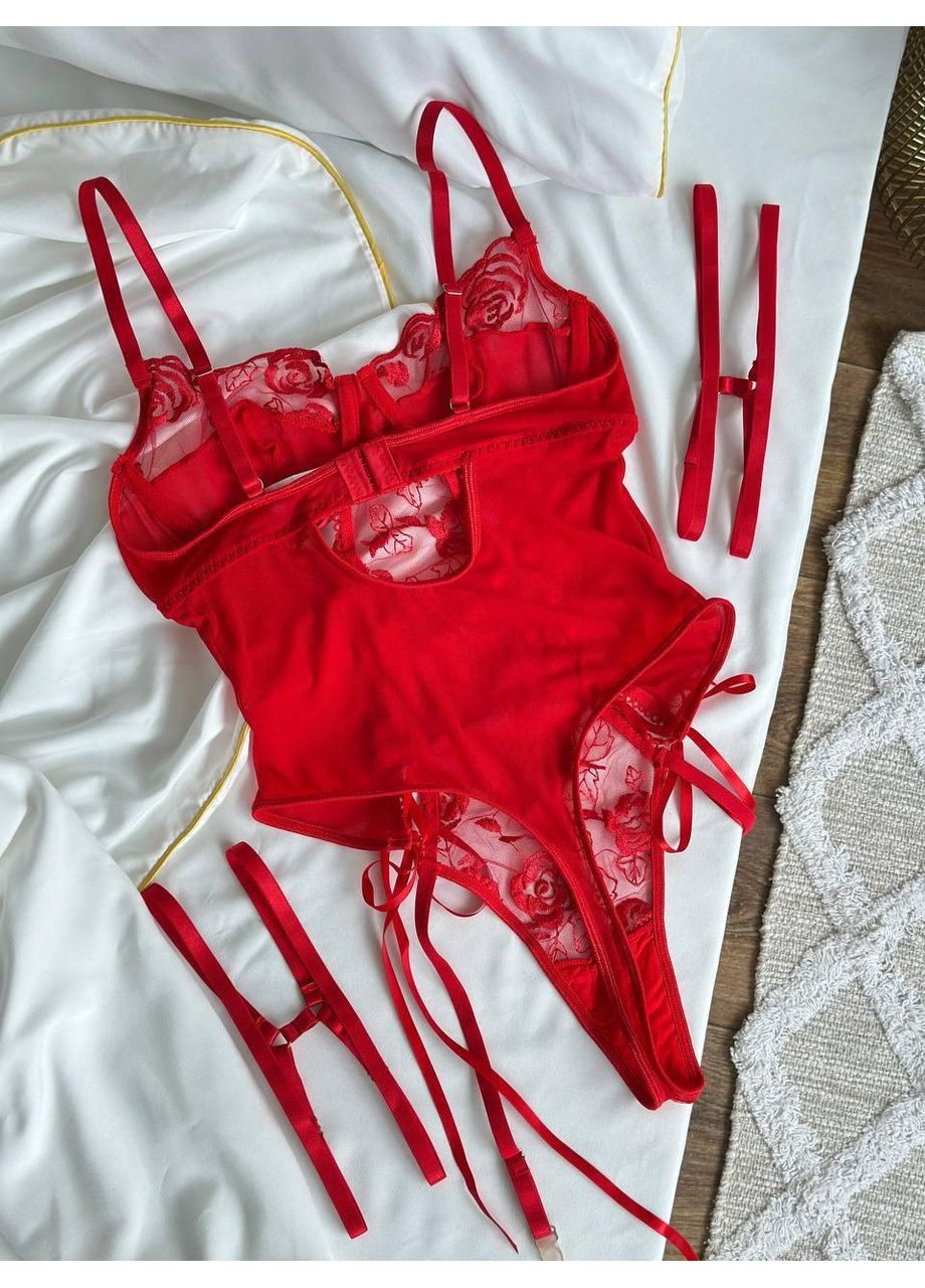 Червоний демісезонний мереживний корсет із трусиками / еротичний комплект білизни з підв’язками / сексуальний жіночий сатиново-мереживний сет ❤ No Brand