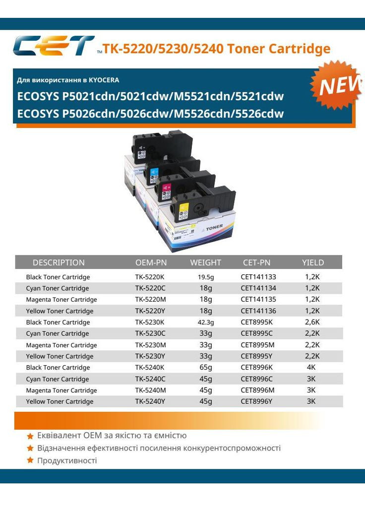 Тонер-картридж (PK208) TK-5240Y для KYOCERA ECOSYS P5026cdn/M5526cdn ( ) Yellow, 45г, 3К, (CET8996Y) CET (338431616)