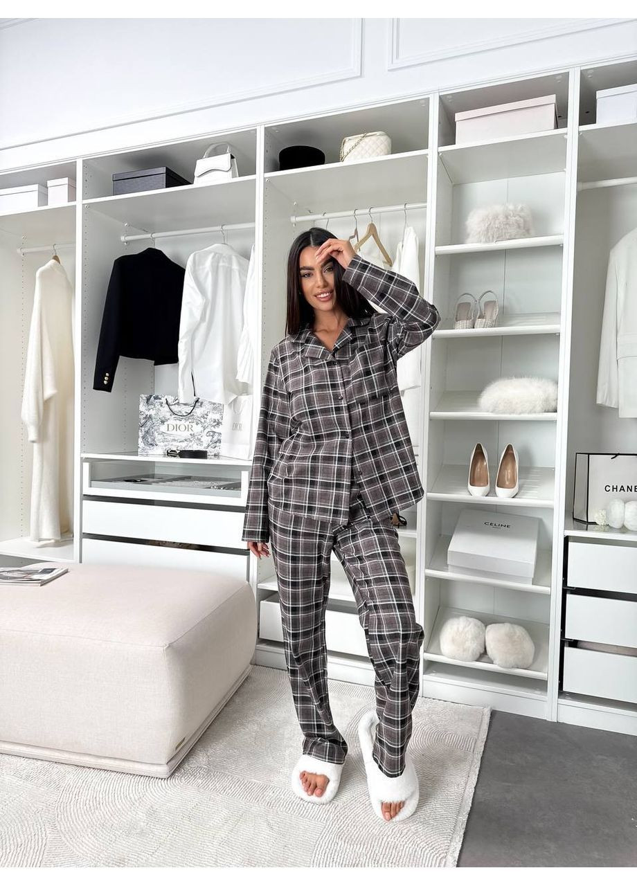 Темно-коричневая всесезон женская пижама в клетку рубашка + брюки FINO Mode