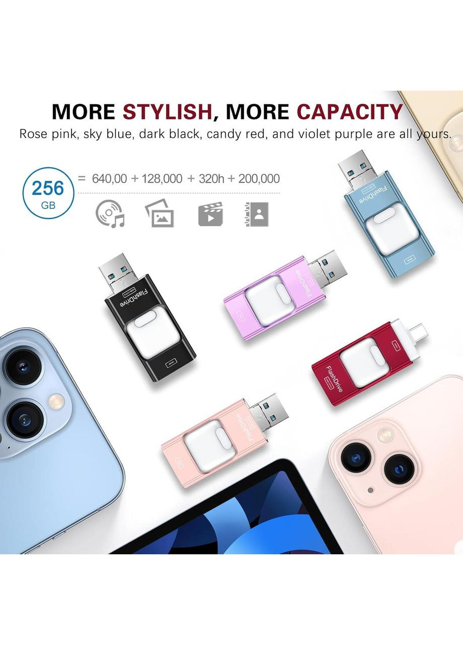 Флеш-накопитель ZARMST 4 В 1. 256 ГБ.Флешка для iPhone, iPad, Android, компьютера. Скорость чтения до 80 Мб/с No Brand (364273403)