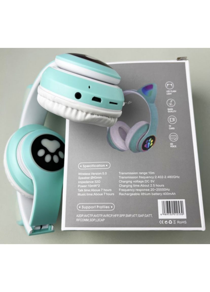 Навушники з котячими вушками STN-28 з LED-підсвіткою М'ятний (2104618935) No Brand (373006867)
