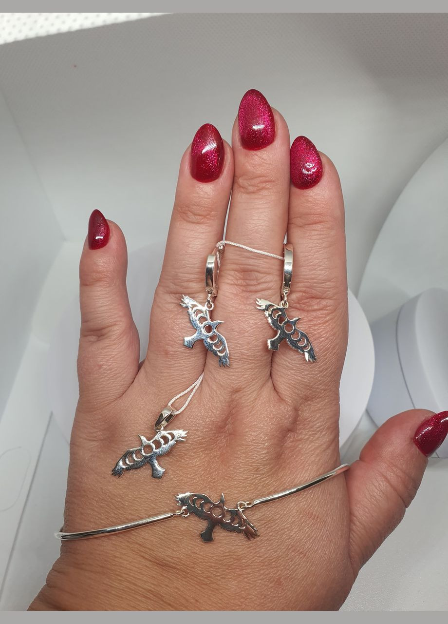 Срібні сережки 925 проба Пташка ворон з фазами місяця No Brand (365438687)