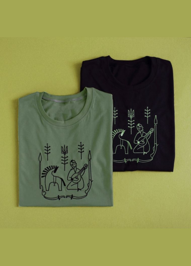 Хаки (оливковая) летняя детская футболка с этновышивкой козак мамай унисекс Ladan