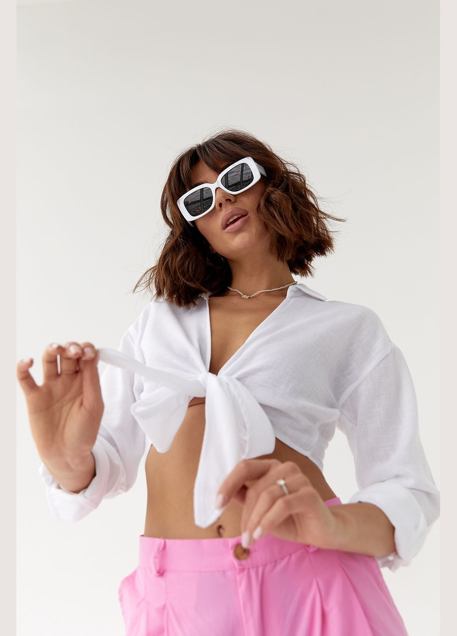 Белая женская укороченная блуза на запах на запах Liton