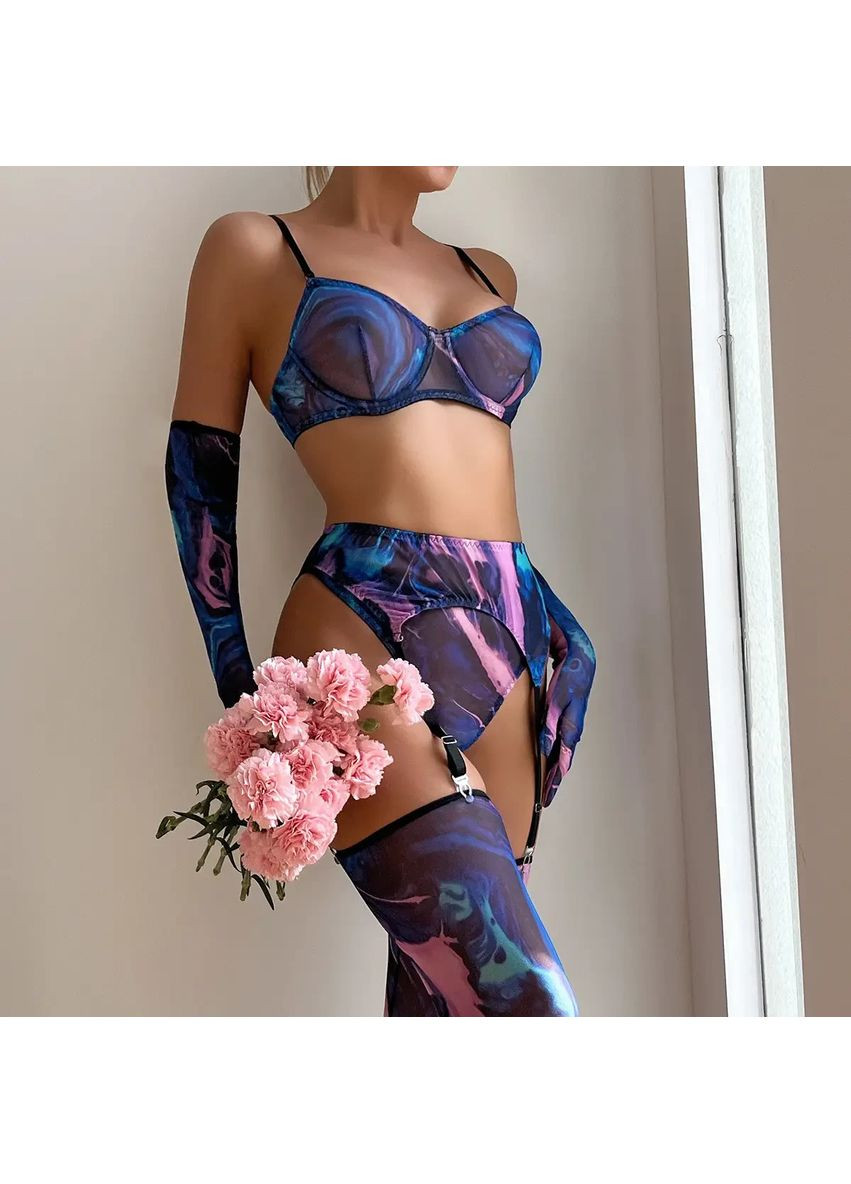 Синій демісезонний мереживний комплект із поясом, панчохами та рукавичками. мереживна спідня білизна. синя жіноча білизна No Brand