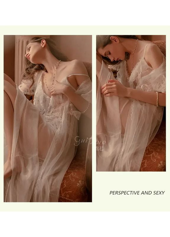 Мереживний довгий пеньюар прозорий розмір S-XL. Довгий мереживний пеньюар із стрінгами China (360864706)