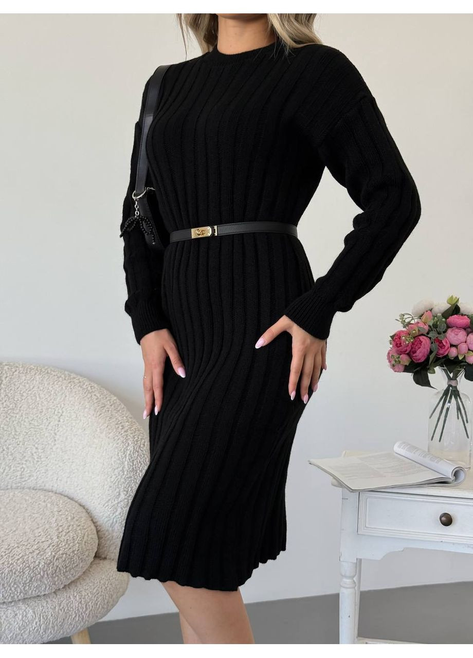 Черное женское теплое вязаное шерстяное платье интер вязкая резинка до колена черная You Best