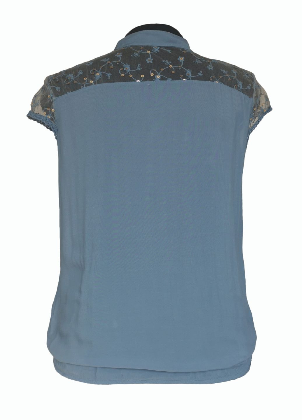 Синяя летняя блузка женская летняя вискозная с коротким рукавом и кружевом джинс No Brand