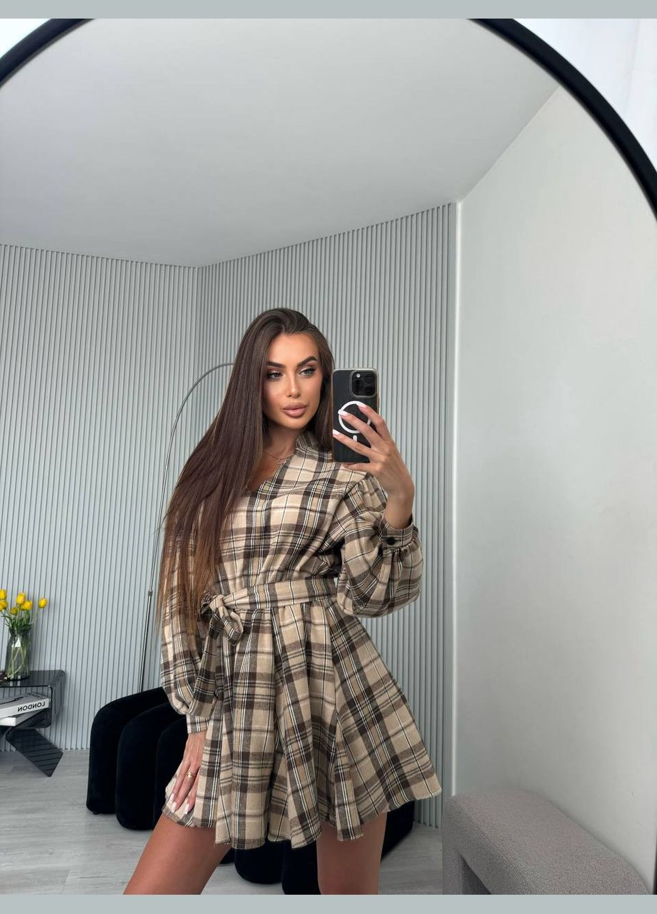 Бежевое повседневный, кэжуал женское платье в клеточку а-силуэт Style Point в клетку