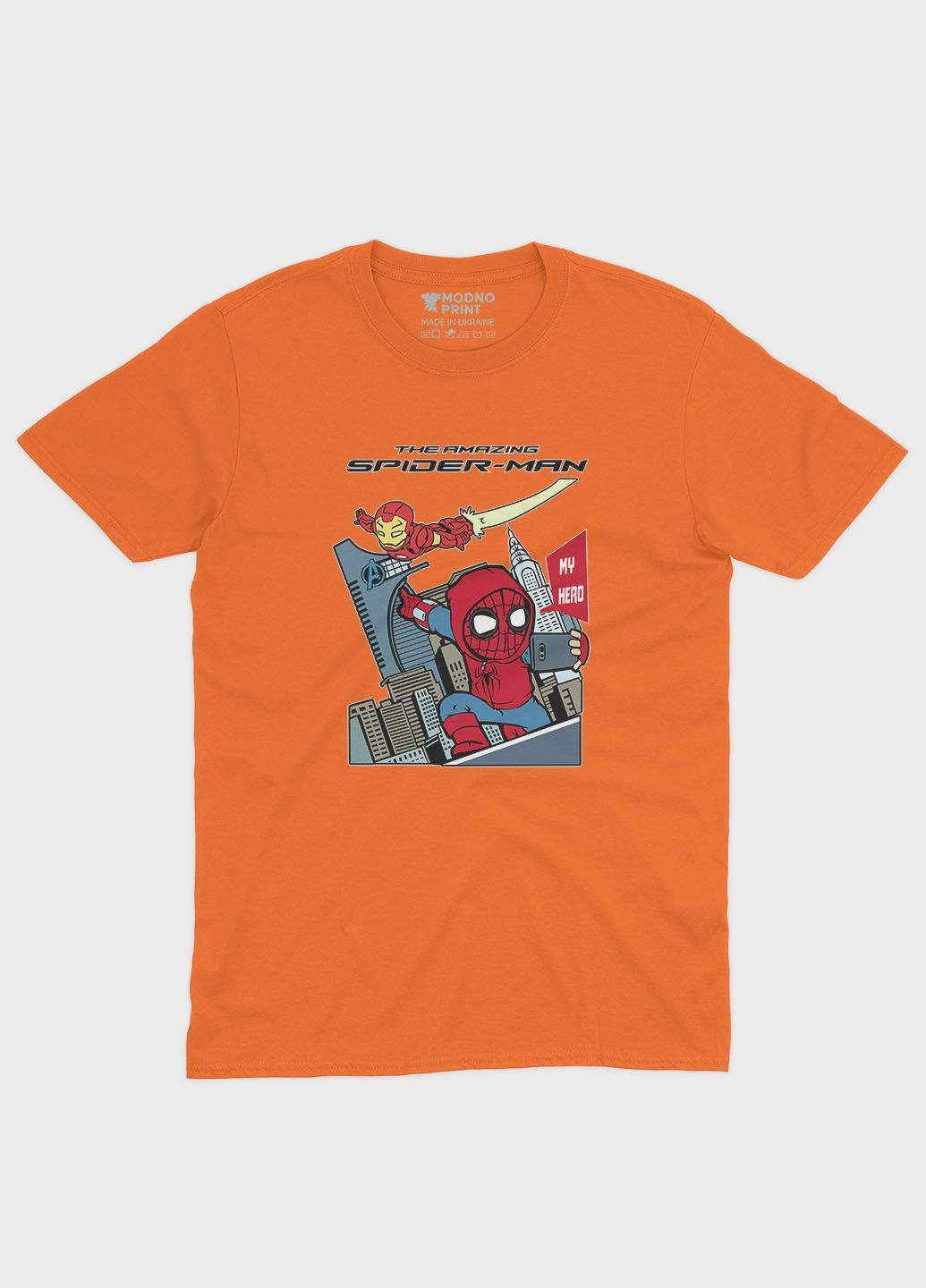 Оранжевая демисезонная футболка для девочки с принтом супергероя - человек-паук (ts001-1-ora-006-014-074-g) Modno