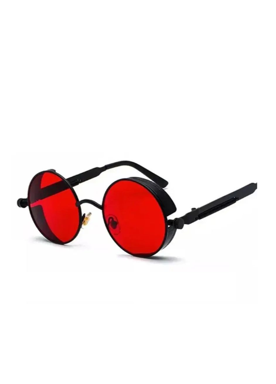 Очки солнцезащитные стимпанк круглые металлические с красными линзами чёрные унисекс стильные очки с защитой UV400 No Brand (364859603)