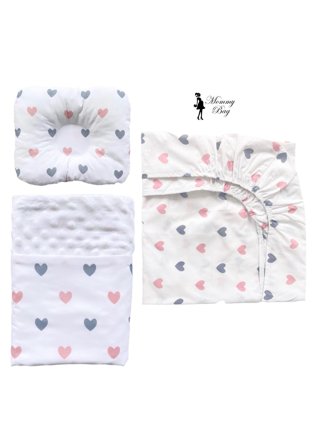 Набор 3в1 в детскую кроватку RoyalBaby – №27 Сердечки розовосерые с пледом Mommy Bag (285720515)