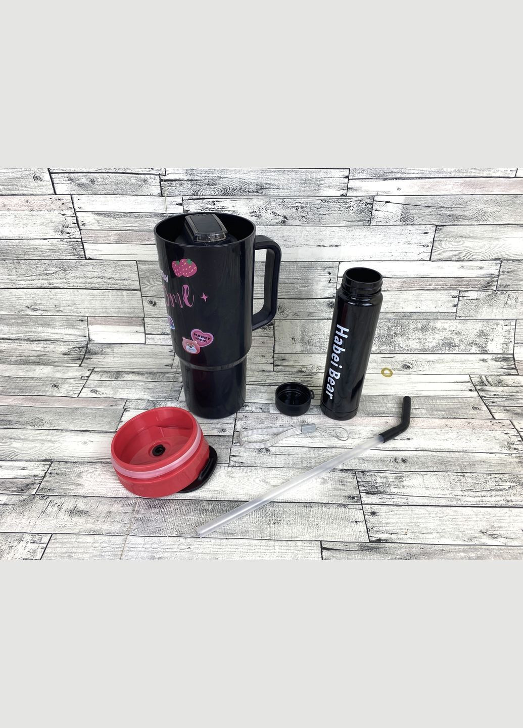 Большая кружка с ручкой и трубочкой + спортивная бутылка с трубочкой + бутылка с крышкой набор 3 в 1 черный с надписями No Brand 1173 (314497238)