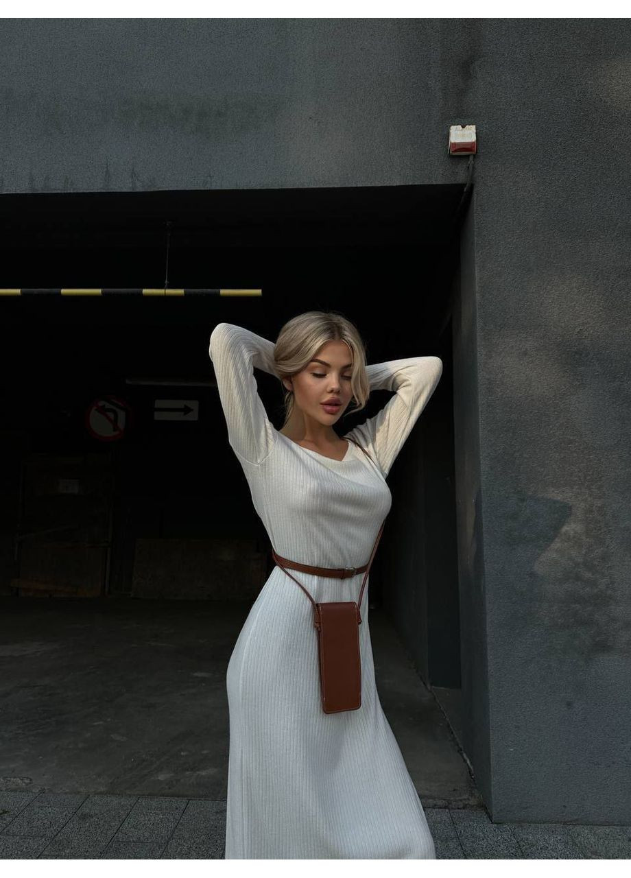 Молочна ангорова сукня міді з поясом Fashion