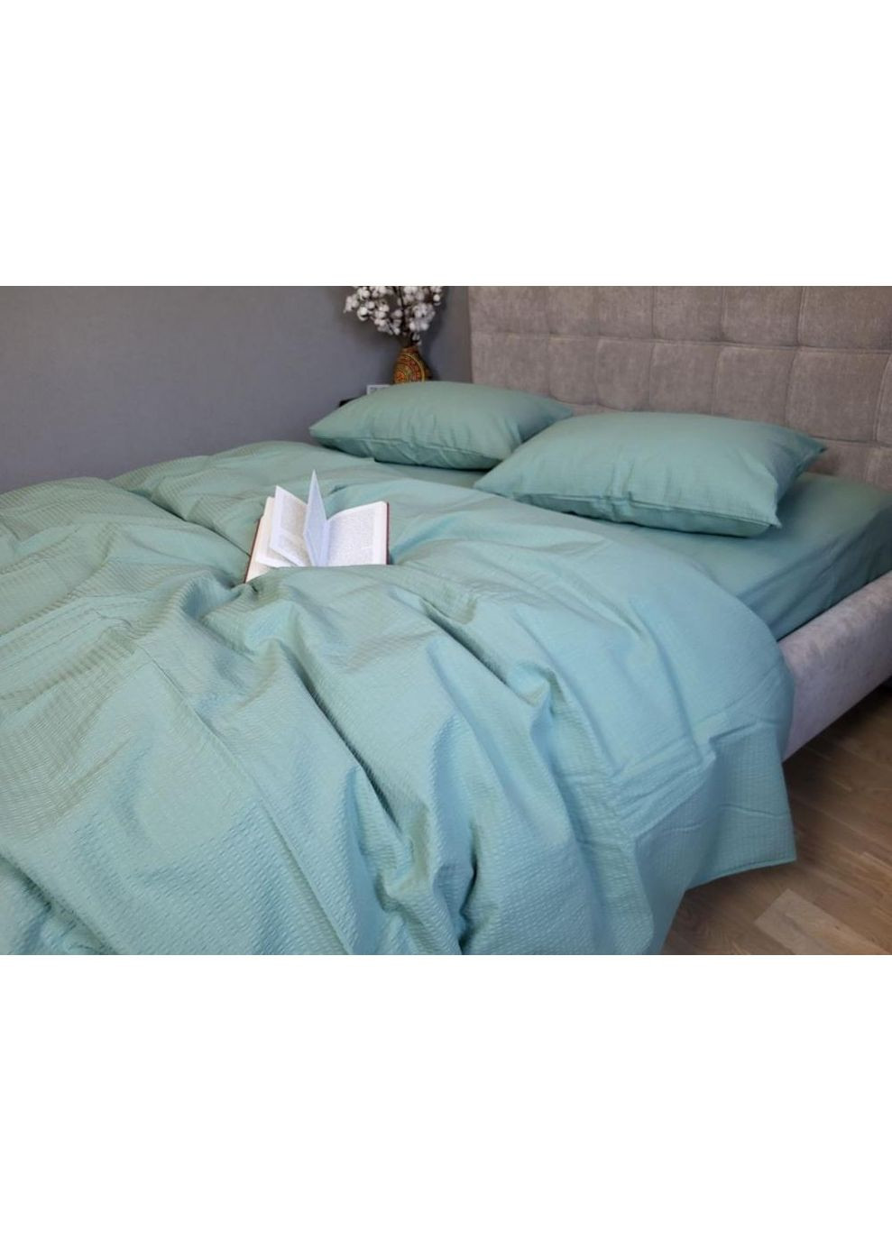 Постельное белье с резинкой Зеленая полынь GS200, ранфорс гофра (жатка) Двуспальный размер, наволочки 70/70 No Brand (364219884)