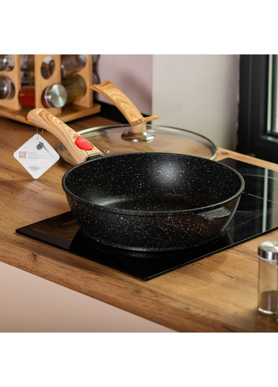 Алюмінієва глибока сковорода (3,5 л) зі скляною кришкою Ø28 см чорна HP-4-465B (A-033141) MGC (342759151)