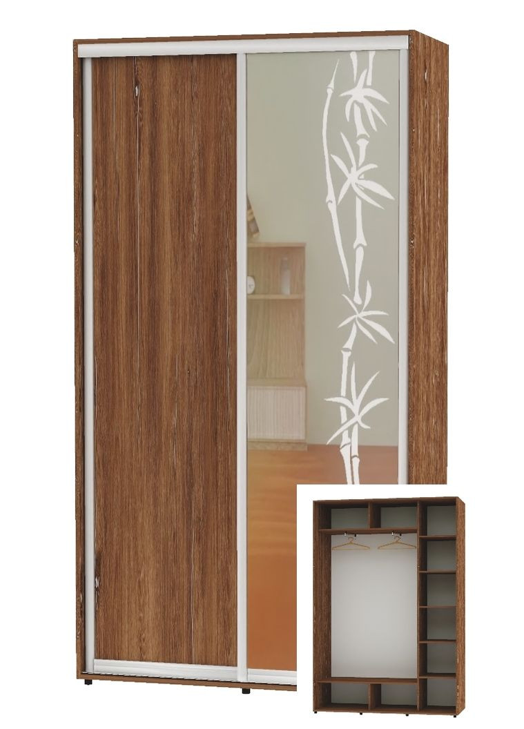 Шкаф-купе двухдверный 160*45*240 Дуб винтаж ДСП/Зеркало с пескоструйным рисунком Алекса (360474689)