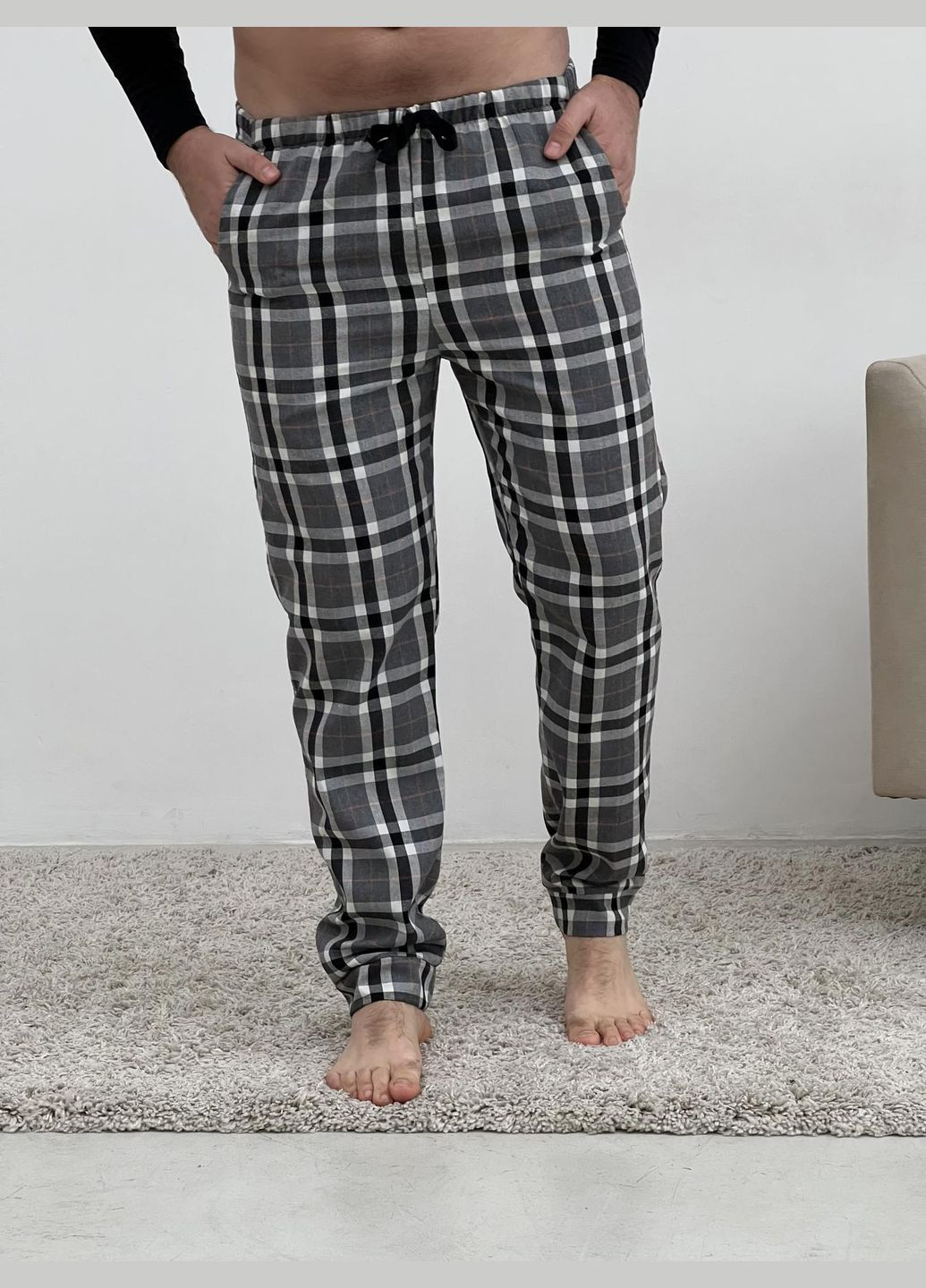 Домашняя пижама для мужчин с фланели (брюки+лонгслив черный) в клетку серые Cosy (352769794)