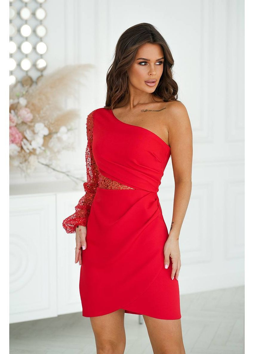 Червона святковий, вечірня жіноча сукня міні на одне плече з блискітками на одне плече MonCher