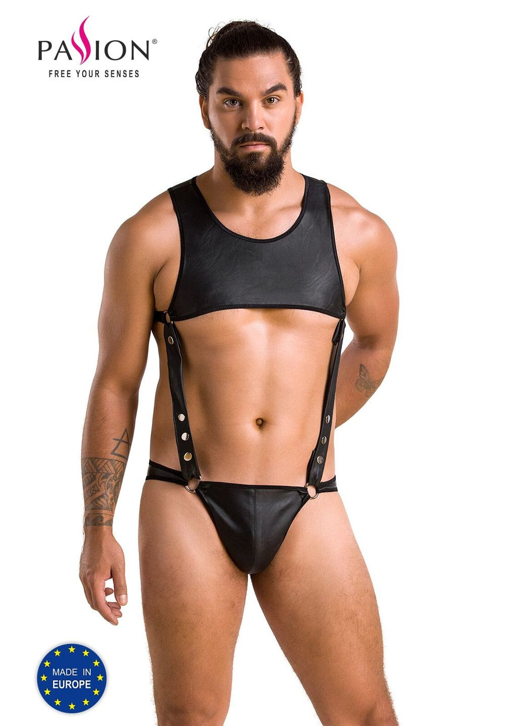 Мужское кожаное боди Adam XXL/XXXL, черное, заклепки Passion (297393817)