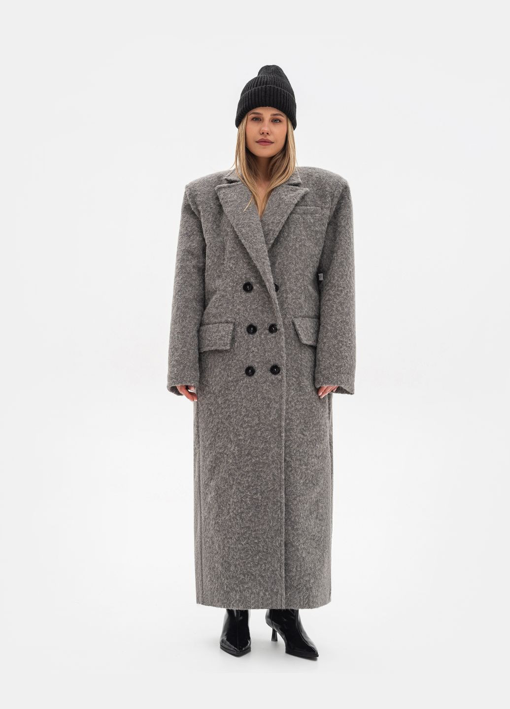 Серое демисезонное Женское пальто длинное каракуль ZF inspire