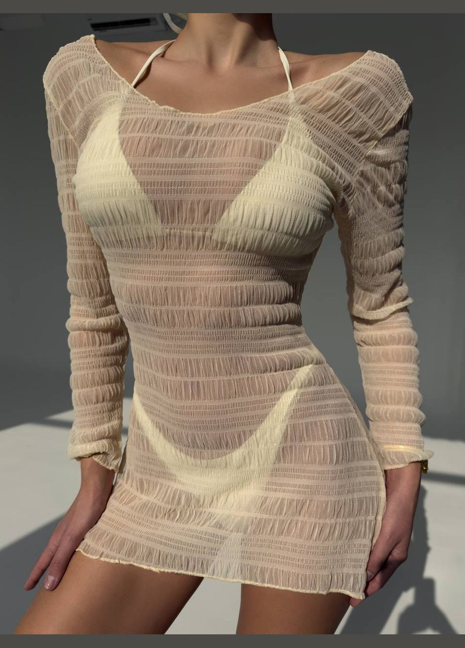 Бежевый женский купальник 3в1 бразильское бикини на завязках с туникой sungleam бежевый No Brand