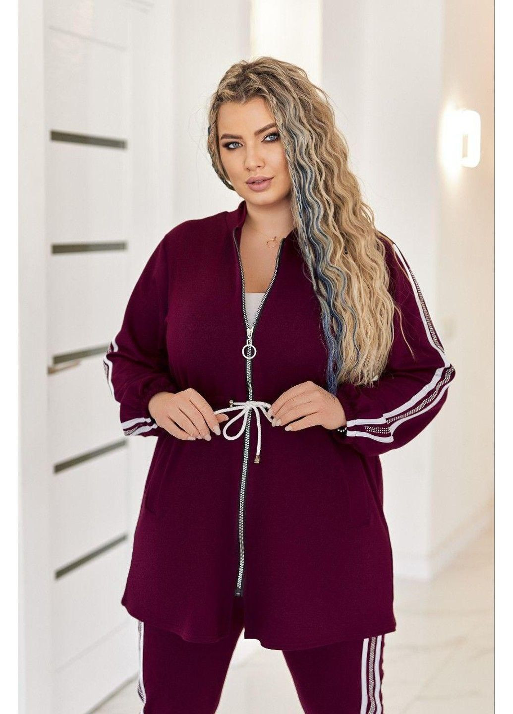 Костюм " Лампаси " кардиган + штани мод ВДЖВ-323 (ал-коз) Марсала + білий розмір 56-58 No Brand (355469849)