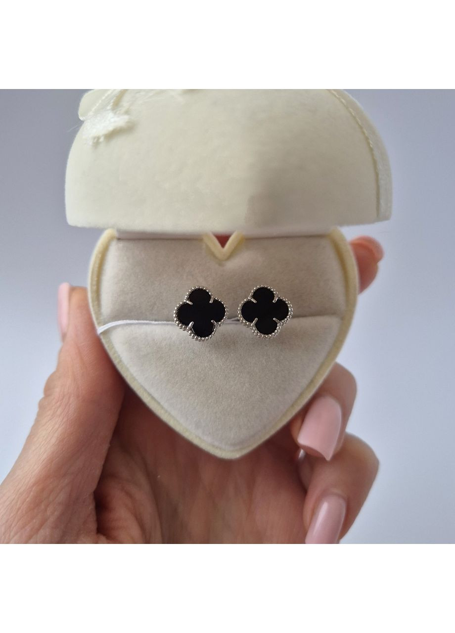 Срібні гвоздики на фіксаторах Конюшина з Чорним Оніксом срібло 925 проби Родоване 1665сгв 2.48г Nobrand (372473952)