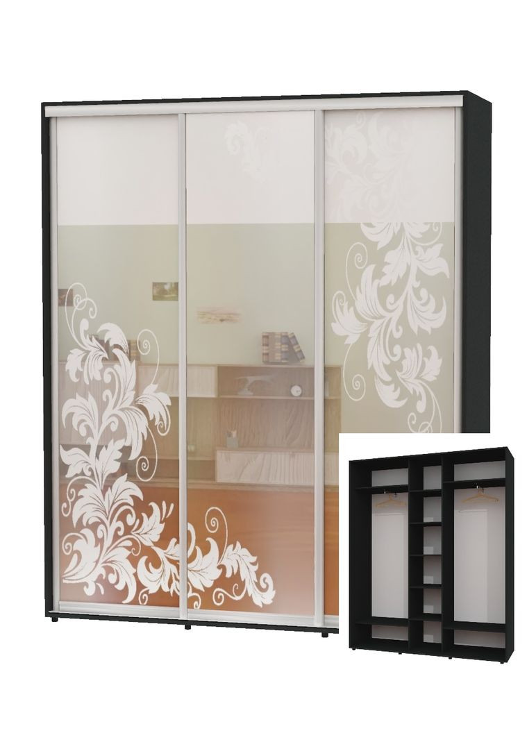 Шкаф-купе трехдверный 170*45*240 Антрацит Зеркало с пескоструйным рисунком ШК-04 Алекса (360476890)