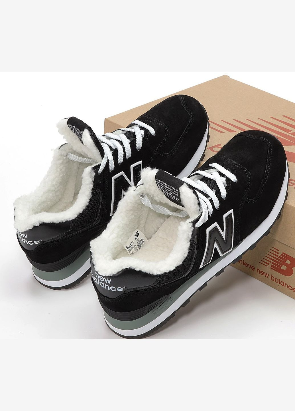 Черные зимние кроссовки зимние мужские и женские new balance 574 winter black white fur | нью беланс 574 черные белые с мехом No Brand