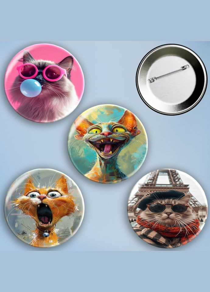 Значки на булавке набор 4 шт Cats #1 металлические на шпильке 56 мм No Brand (303108248)